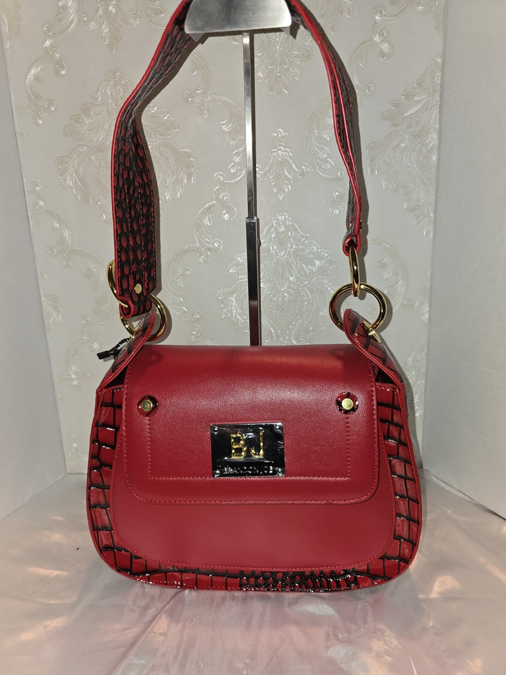 Red Faux-Leather Shoulder Bag with Croc Trim & Crossbody & Wallet (Set)